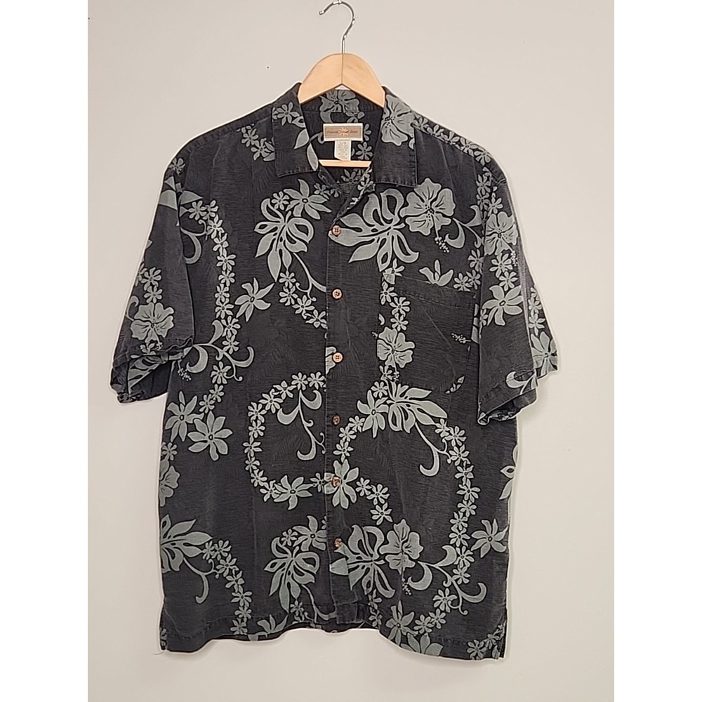 Vintage Mens Large 100% SILK BLACK GRAY HAWAIIAN ALOHA SHIRT Vacation Resortwear